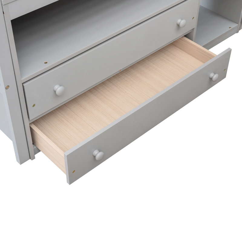Lit mezzanine double gris avec bureau intégré et système de tablettes - Bois de pin pour une chambre à coucher fonctionnelle