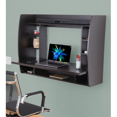 Black Wall Mounted Floating Laptop Desk with Storage Shelves, Space Saving Home Office Computer Workstation for Study Bedroom Writing Area