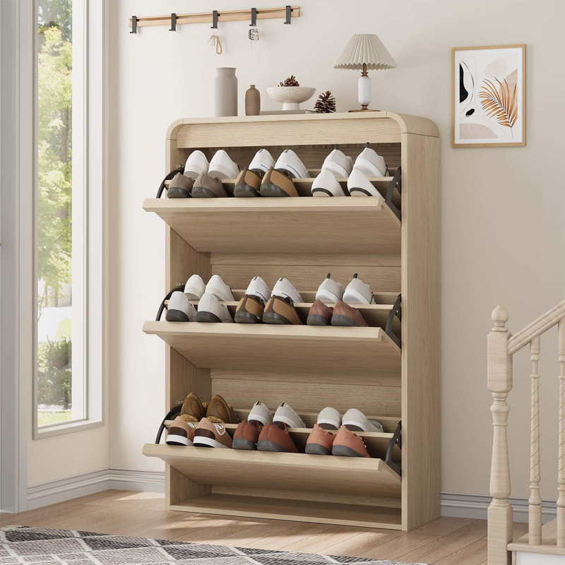 Cabinet with 3 Flip Drawers, Wooden Cabinet with Adjustable Shelves and Hidden Handle, Modern Shoe Organizer, Natural Wood