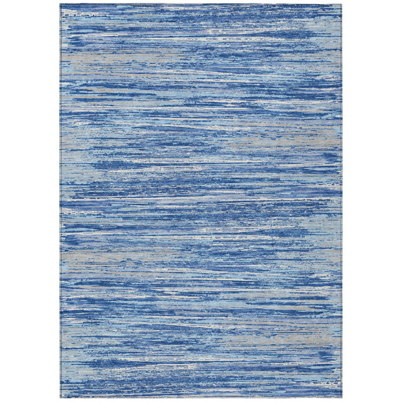 3' X 5' Blue Gray And Ivory Striped Washable Indoor Outdoor Area Rug