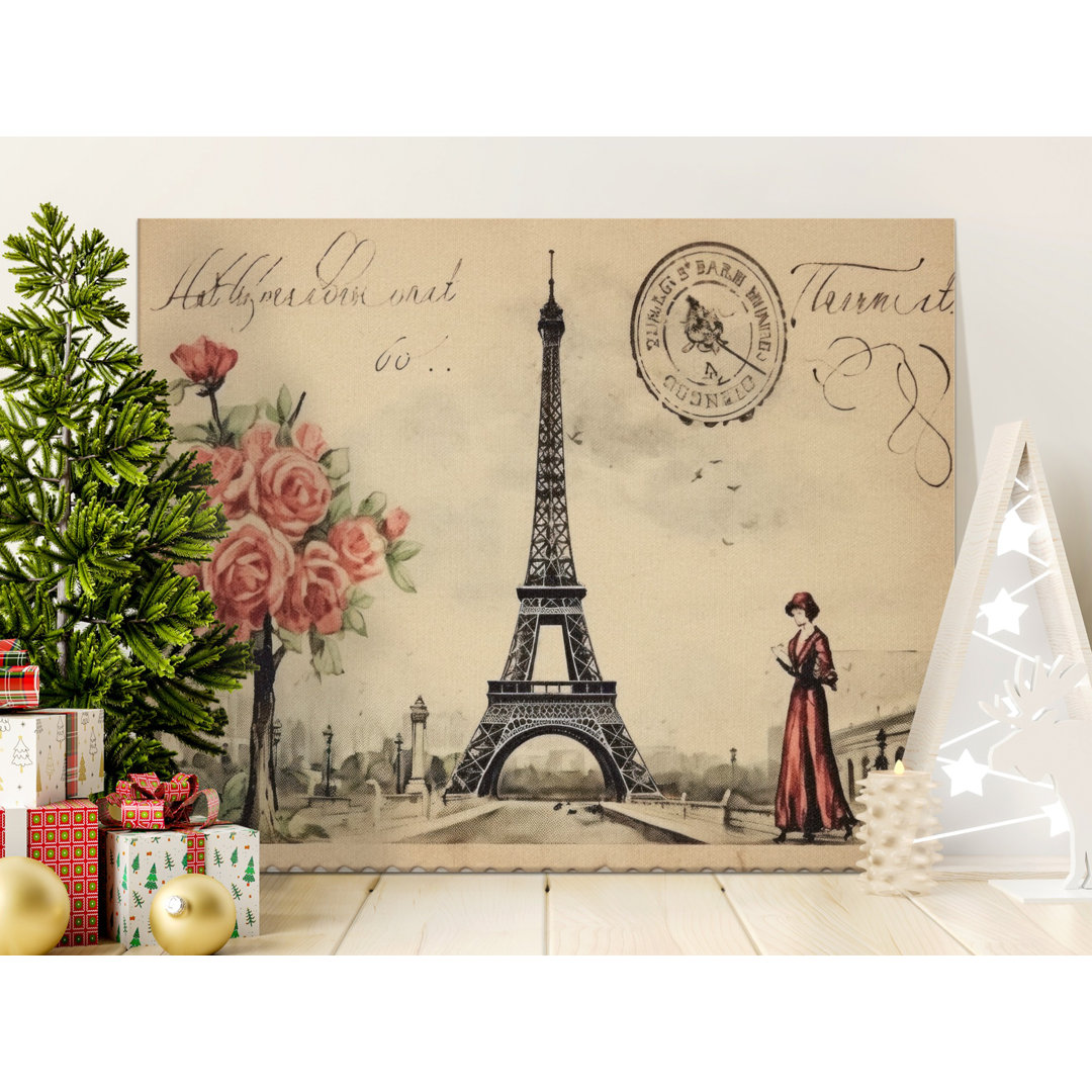 Eiffel Tower Canvas Wall Art, Vintage Paris Postcard Print, Gallery Wrapped Canvas, Ready to Hang, Archival Quality, French Decor