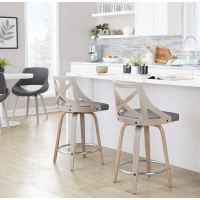 Tabouret de comptoir à hauteur fixe avec pivot en bois clair et similicuir avec repose-pieds rond en métal chromé - ensemble de 2