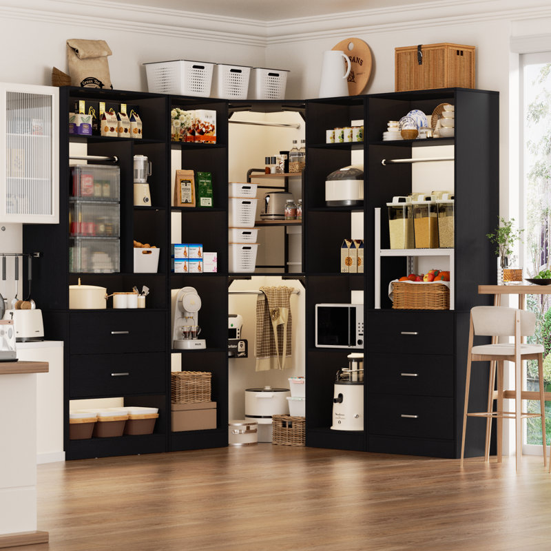 Freestanding 87.2" L x 39.2" W x 80" H Corner Closet Organizer with 5 Drawers and 12 Shelves, Black