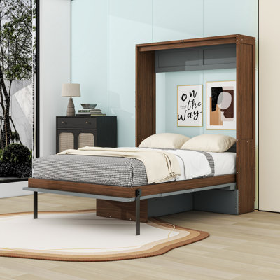 Lit escamotable double en bois avec bureau pliable intégré et tête de lit