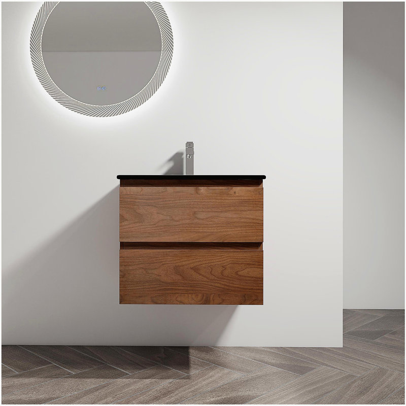 Coiffeuse murale avec lavabo en céramique et 2 tiroirs à fermeture en douceur, Noir, Chêne brun, 24"