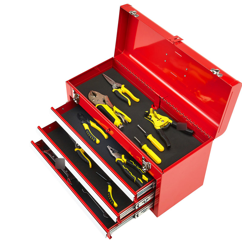 Boîte à outils portative en métal rouge de 20,5 pouces avec 3 tiroirs, beaucoup d'espace, verrouillage automatique, charnière lisse pour le rangement, mouvement de tiroir sans effort