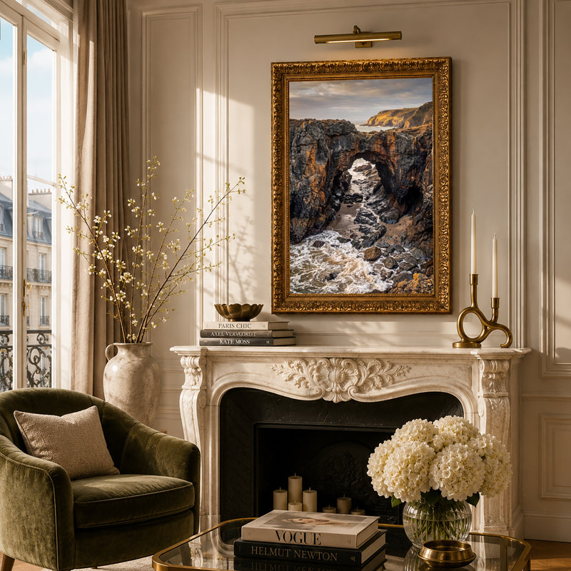 Art mural sur toile Rugged Coastal Rock Arched by Rush Ocean Waves, H 18 po x l 12 po