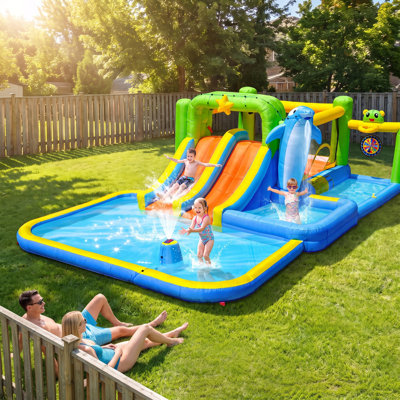 238" x 164" Inflatable Slide Water Park, 9 in 1 Outdoor Inflatable Bouncer House with Large Splash Pool, Dual Slides, Water Cannon, Climbing Wall, 400LB Capacity Backyard Water Park for 4 Kids