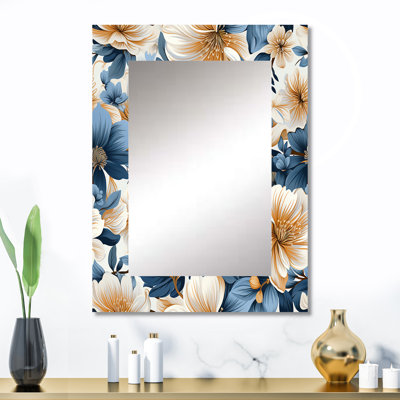 Analise Blue Retro Finesse Floral Pattern - Floral Large Wall Mirror, Cottage Decorative Mirror, Printed Metal Art