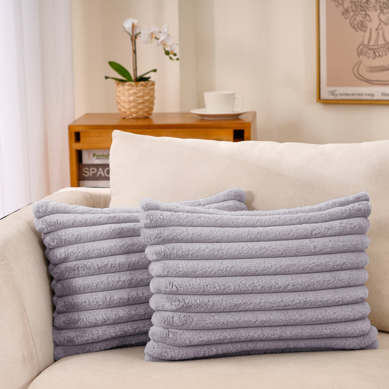 Striped Faux Fur Reversible Pillow Cover, Light Gray