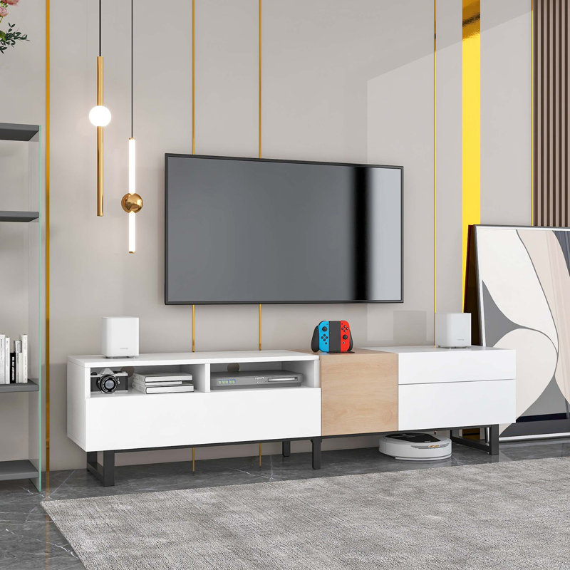 Modern TV Stand For 80'' TV With Double Storage Space, Media Console Table, Entertainment Center With Drop Down Door, White