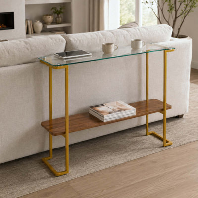 Console en verre pour salon, vestibule et entrée, canapé de style Mid-Century moderne à 2 niveaux avec plateau en verre transparent, plateau en bois et structure en métal