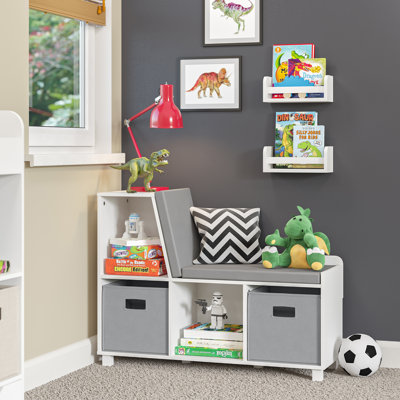 RiverRidge Kids Reading Book Nook Cushioned Toy Storage Bench with Cubby Organizers and 2 10" Floating Bookshelves - White by RiverRidge Home