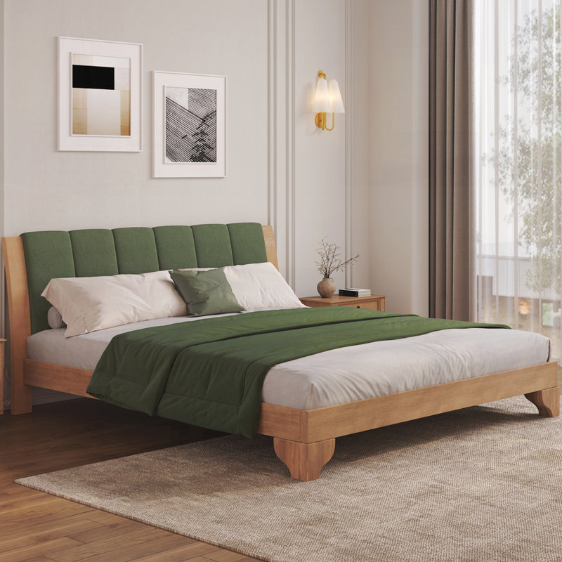 Base de lit en bois avec tête de lit, Très grand lit, Vert / Naturel