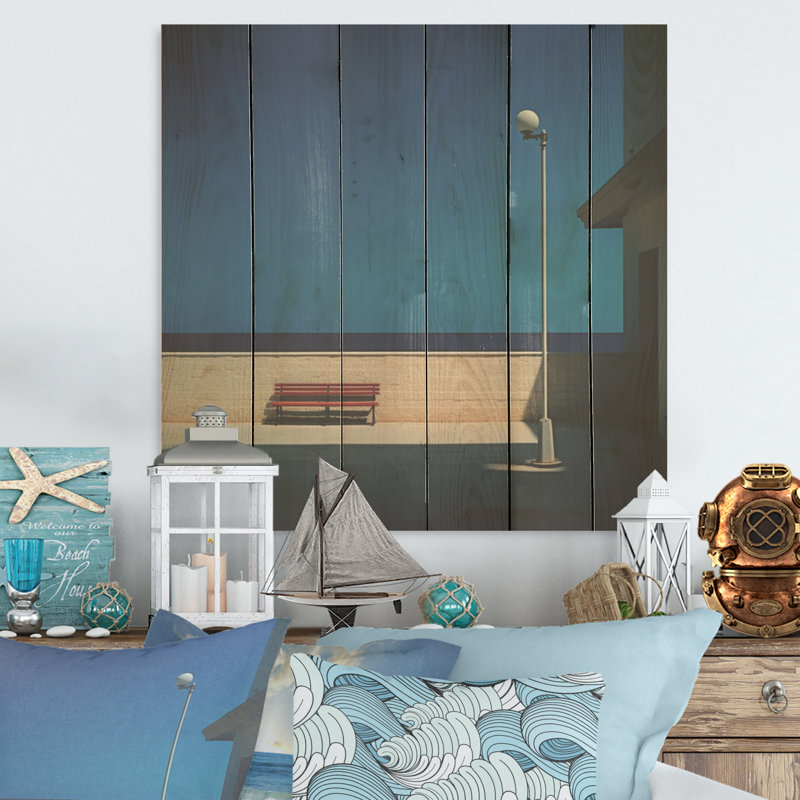 Banc à l'océan Horizon I - art mural en bois de port côtier sur bois de pin naturel, H 15 po x l 15 po