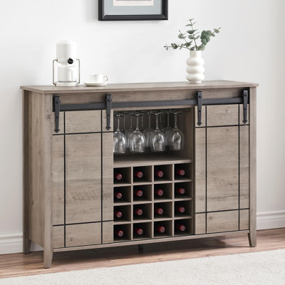 Farmhouse Home Bar Cabinet with Storage, 47.2 Inch Large Home Bar Unit with 8 Wine Racks, Indoor Wine Bar and Liquor Bar Cabinet with Barn Door and Fo