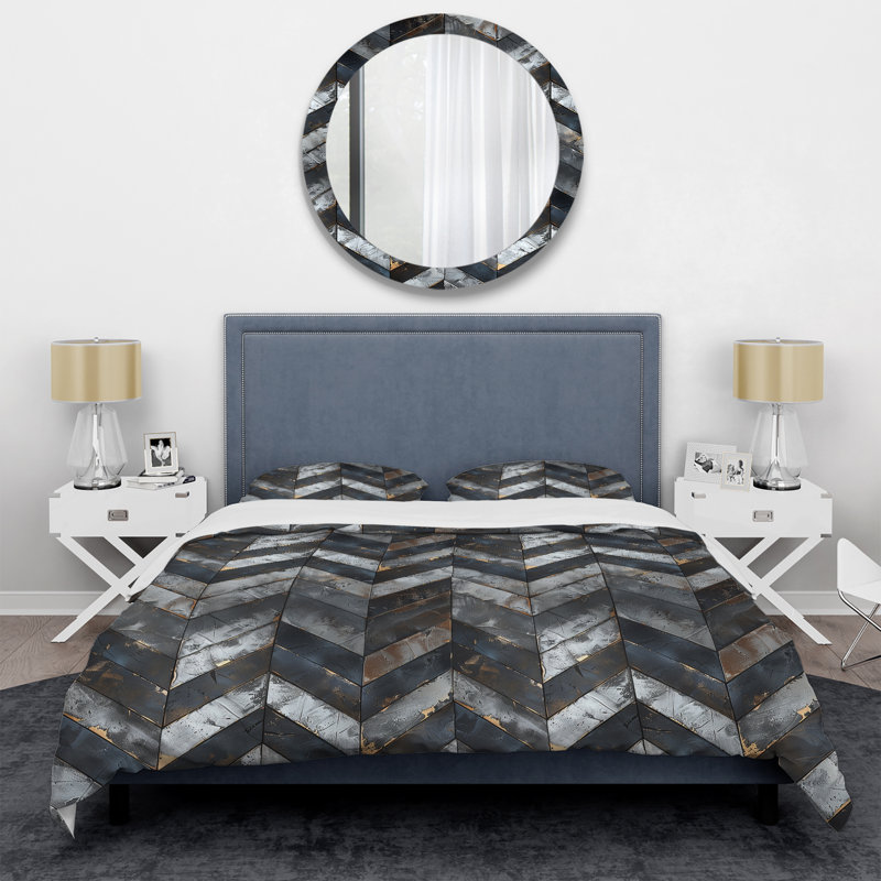Ensemble de housse de couette à chevrons gris et argenté Rhythm I - Glam, Housse de couette très grand + 2 taies décorativ