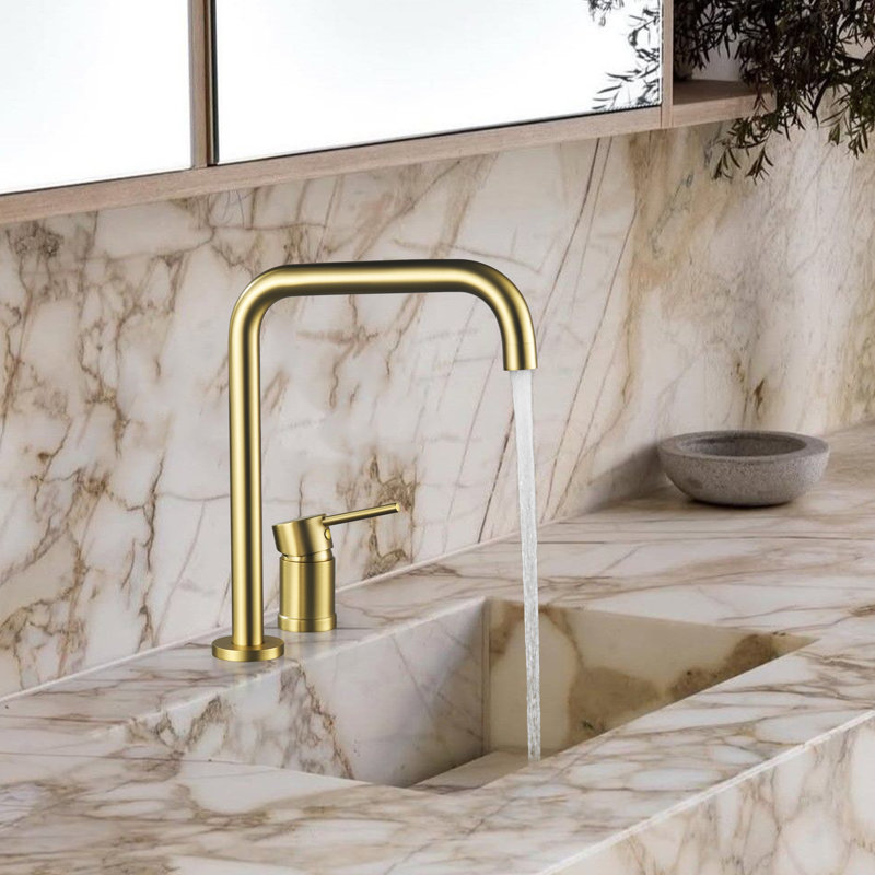 12"H Solid Brass 180° Rotation Single Handle Bathroom Sink Faucet, Brushed Gold