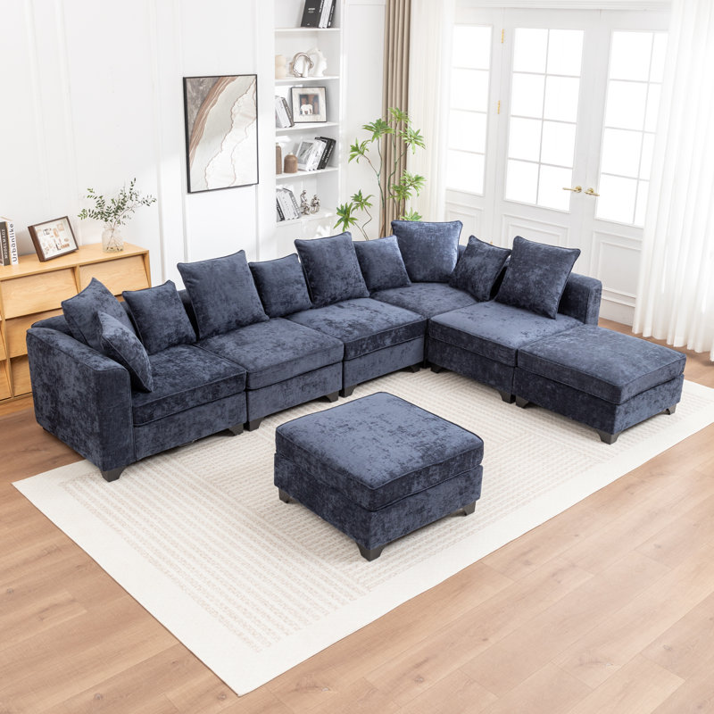 Canapé modulaire en L 7 pièces Bennett, Chenille bleu