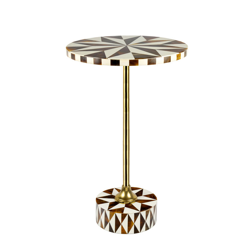 Calix 23.5" Minimalist Round Pedestal End Table, Dark Brown/White Resin & Glossy Gold Iron Accent Drink Table for Living Room or Bedroom