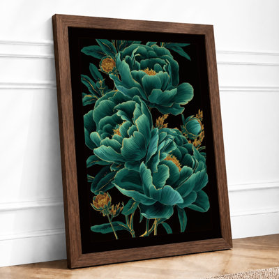 Teal Peonies Botanical - Framed Print