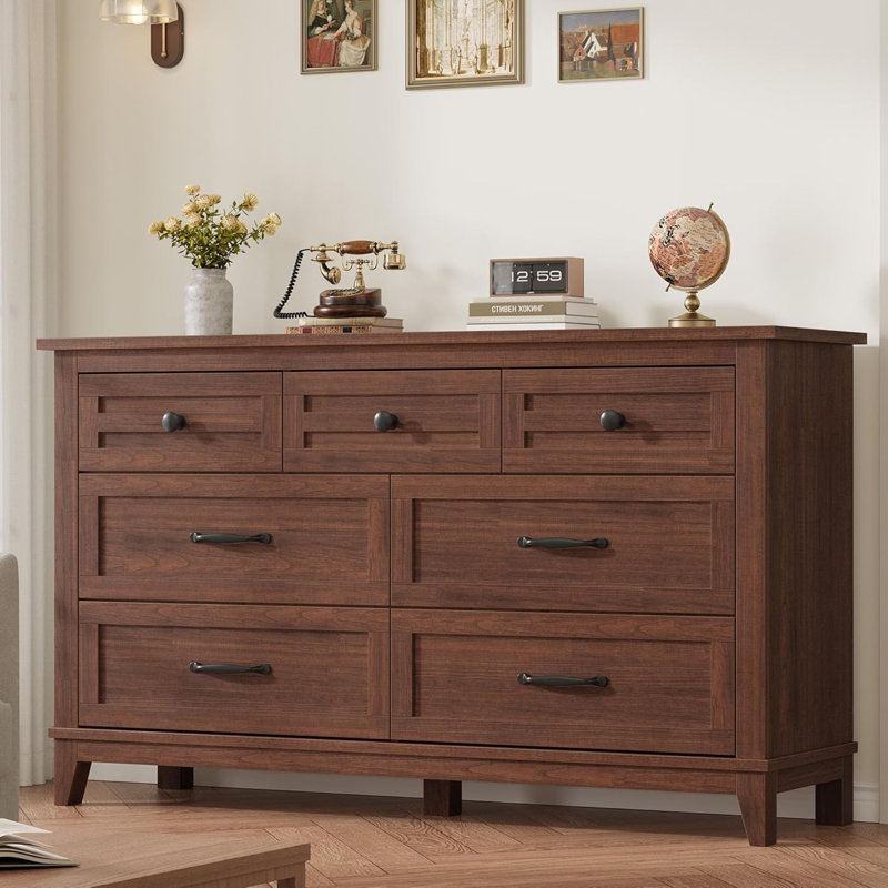 7 commodes pour la chambre à coucher, commode à tiroirs larges de 54 po avec rangement, commode en bois pour le salon, la chambre à coucher, le vestibule, noyer (2 colis)