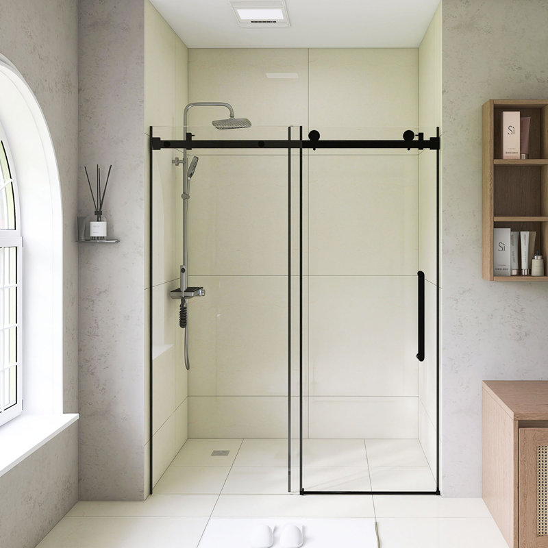56-60" W × 76" H Frameless Single Sliding Shower Door – 1/4"(6Mm) Clear Tempered Glass With Explosion-Proof Film, Matte Black Stainless Steel Handle & Square Tube Track