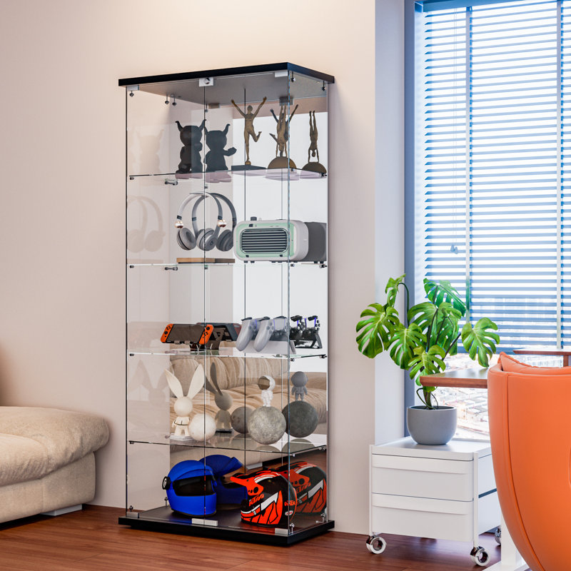 Razuri Tempered Glass Display Cabinet with Mirrored Back Panel, 5-Shelf Curio Cabinet with 2 Door, Black