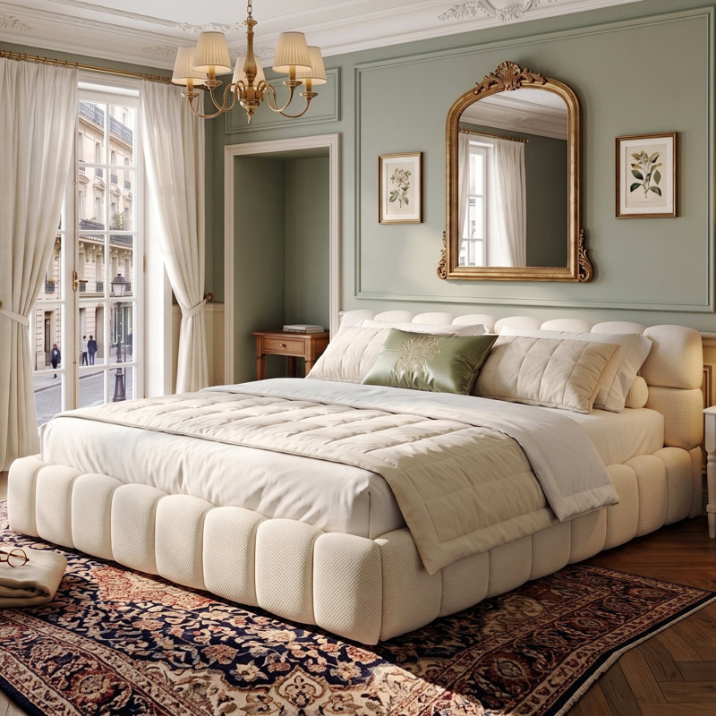 Multi-Sizes EU & UK Upholstered Bed, Modern Cloud Low-Height Bed Frame with Padded Flange Edge & Embedded Design, Beige/Grey Linen