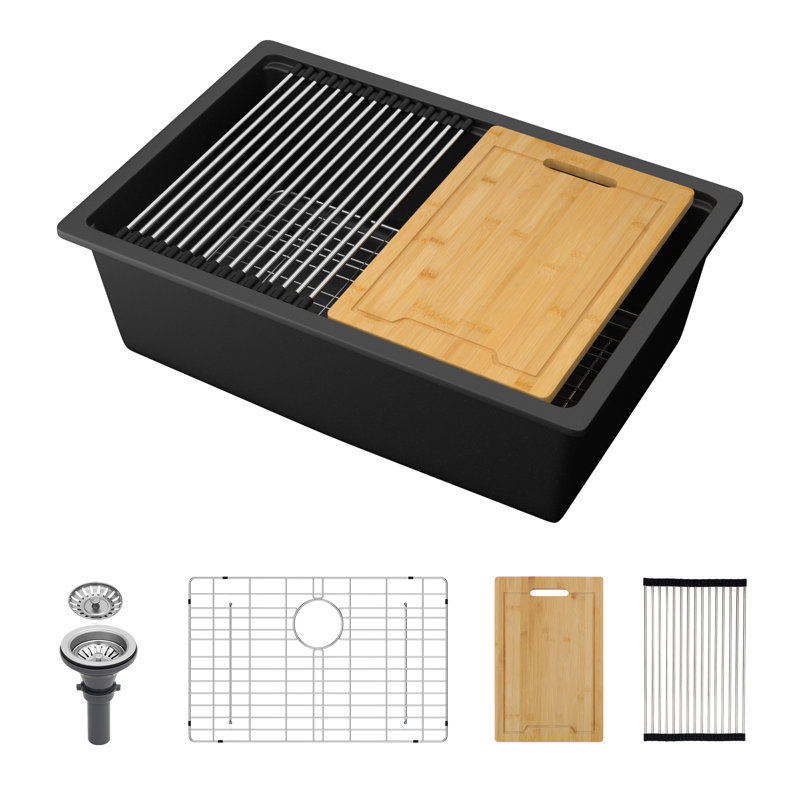 Quartz Kitchen Sink - 28" X 19" X 9.65" Black Granite Composite Workstation Undermount Kitchen Sink, Black
