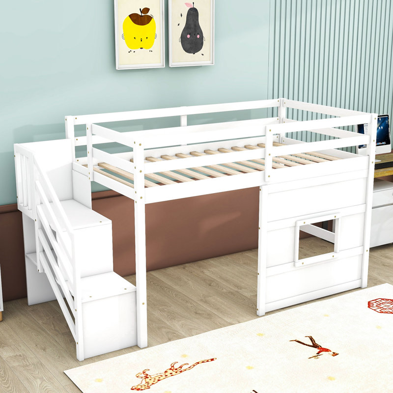 Twin Wooden Loft Bed With Storage Stair, LED Lighting And Playful Window Design, White