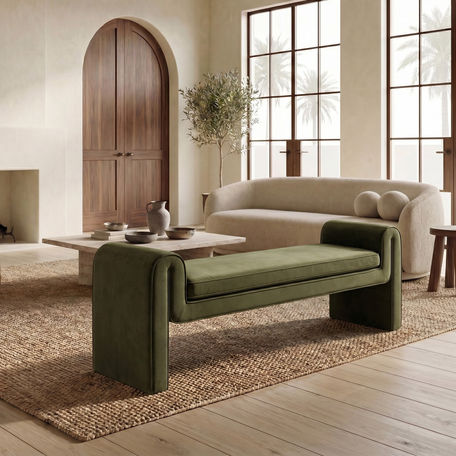 Deshai Velvet Bench, Forest Green