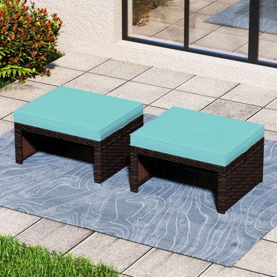 2 repose-pieds en rotin avec 2 coussins à fermeture à glissière pour terrasse