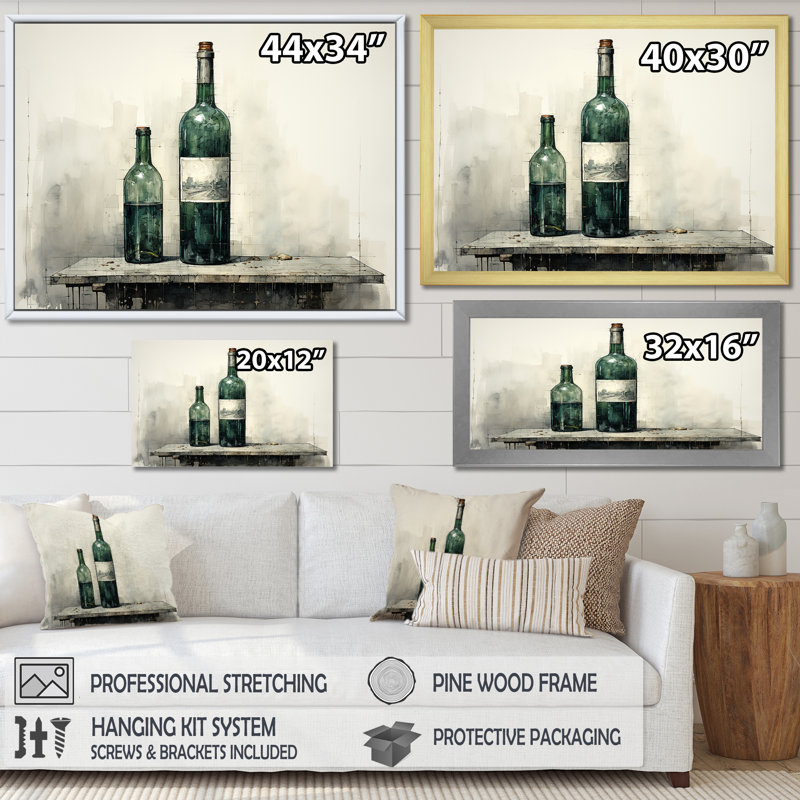 Vert minimaliste bouteilles de vin Silhouette II - art mural vin, Cadre flottant doré, H 16 po x l 32 po x P 1 po