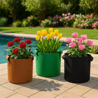 Ensemble de 3 sacs de culture 9,8 po en tissu de 5 gallons, ensemble de 3 pots à fleurs robustes de couleurs mélangées (1 de noir, vert, orange et gingembre)