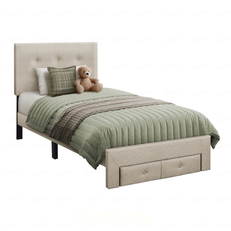Lit, taille simple, lit plateforme, tapissier, juvénile, tiroirs de rangement, cadre seulement, chambre à coucher, aspect lin beige, transitionnel