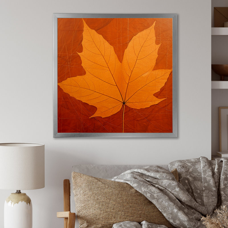" Amber Autumn Maple Leave ", 30" H x 30" W x 1" D, Silver Single Picture Framed