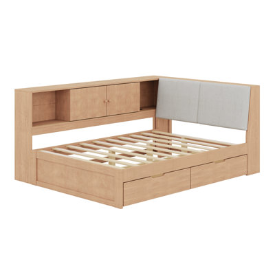 Wooden L-Shaped Daybed Corner Bed Under-Bed Drawers With Storage Bookcase And Upholstered Headboard And USB Charging Ports by Red Barrel Studio