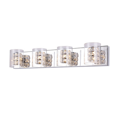 4-Light Chrome Wall Sconce With Clear Crystals And Glass Shades