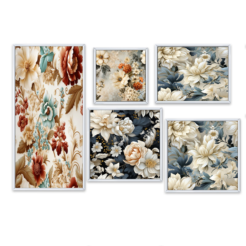 Sybilla - Ensemble de 5 impressions sur toile florales, Cadre flottant blanc