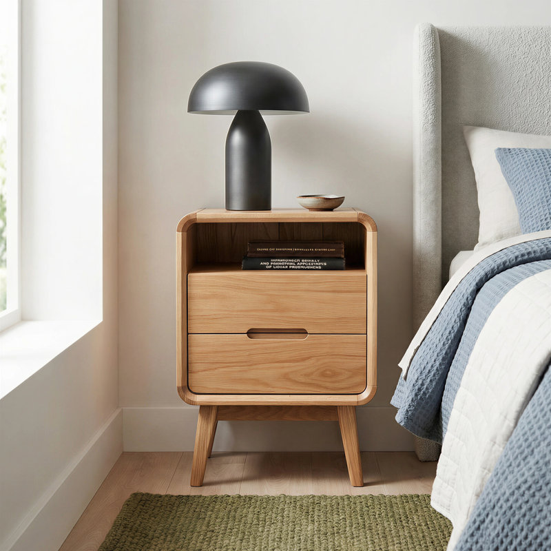 MCM 16.5"W Solid Wood -2 Drawers Fully-assembled Nightstand With Open Shelf, Oak, Individual