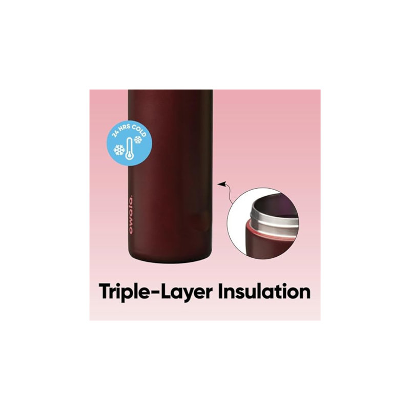 Bouteille d'eau isotherme en acier inoxydable Owas FreeSip 24 oz avec paille intégrée et couvercle étanche, cerise noire et rouge