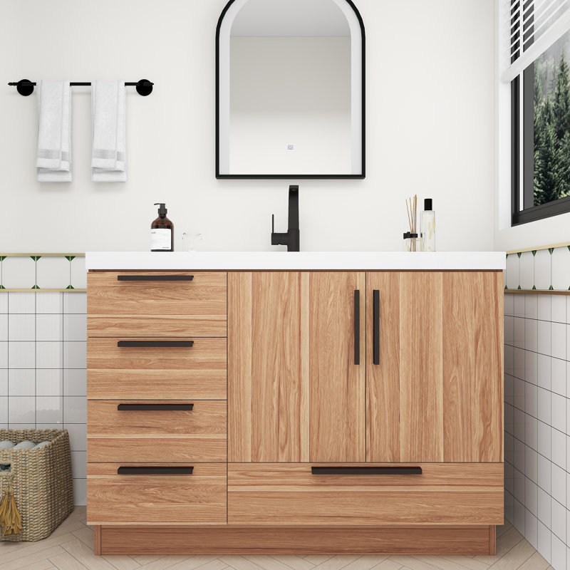 Meuble-lavabo autoportant avec tiroirs latéraux Carla, Chêne blanc, 47"