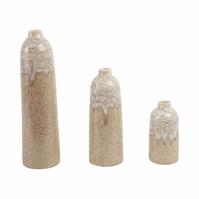 Earthenware Pottery Vases With Glazed Detailing - Decorative Accent For Home, Office, Bedroom, Living Room - Set Of 3 - 16", 11", 7" Tan