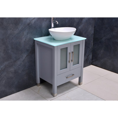 Laquavis 24 " W Freestanding Standard 1 Single Vanity Bathroom Vanity With Tempered Glass Top with Mirror