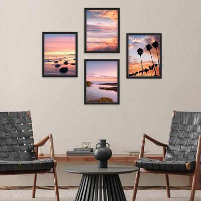 " Vibrant Palm Tree Beach Shore Island Ocean Set Of 4 Landscape Colourful Wall Decor Framed Prints " 4 - Pieces