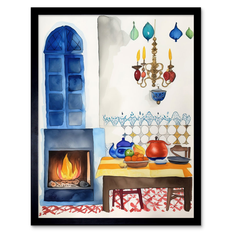 Kitchen Fireplace In Traditional Spanish Home Folk Art Watercolour Painting Art Print Framed Poster Wall Decor 12x16 inch