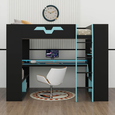 Full Size Wooden Loft Bed With Power Outlet, USB/Type-C Connectors, Built-In Cable Organizer, And Adjustable Light