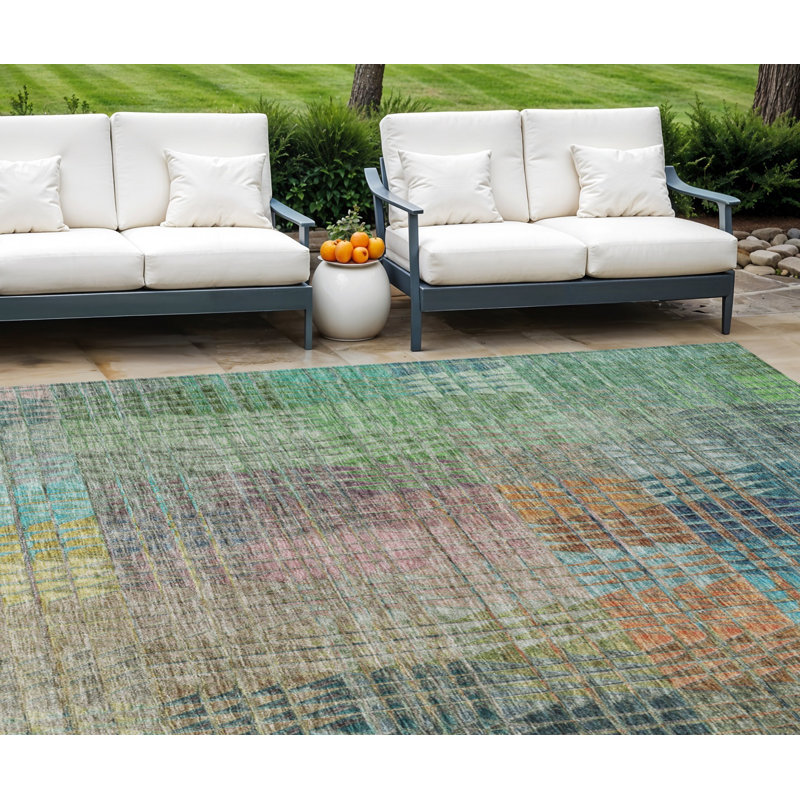 Tapis intérieur lavable abstrait vert doré et bleu sarcelle 8 pi x 10 pi
