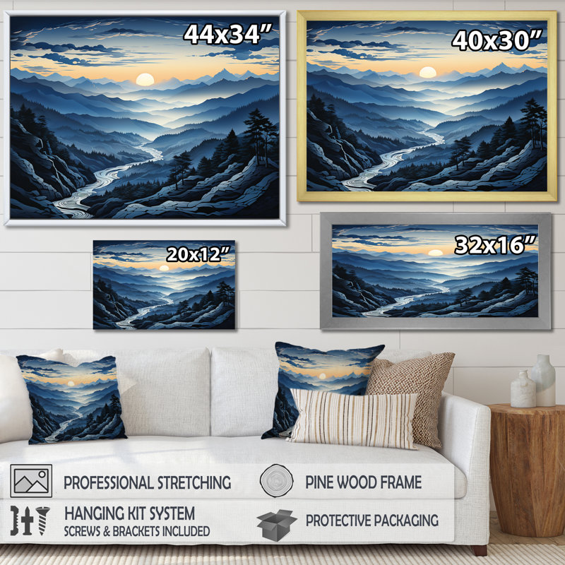 «Blue and White Mountain Majesty Panorama II - Mountains», reproduction sur toile encadrée, Cadre d'angle fermé noir